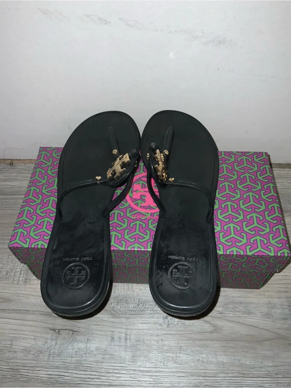 Tory Burch Black Logo Thong Sandals with Gold Medallion